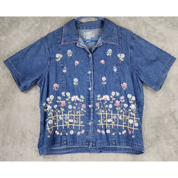 Carrie Allen Tops - Carrie Allen Shirt Womens Large Blue Denim Floral Embroidered Casual Button Up